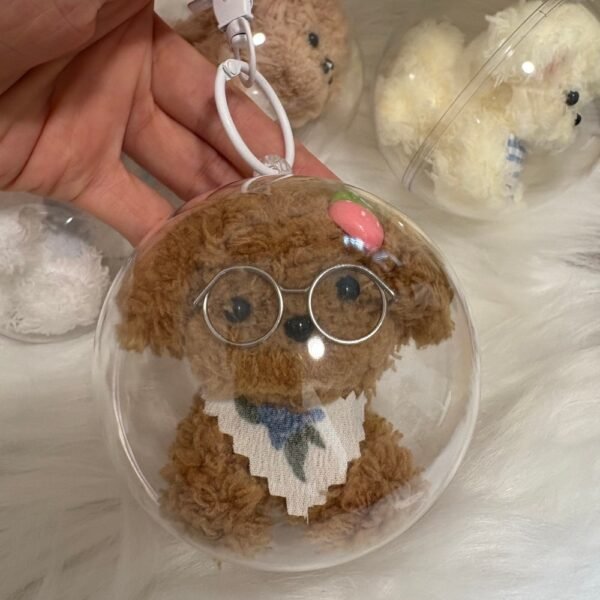 Handmade Pipe Cleaner Puppy Keychain with Clear Display Ball Cute Curly Teddy Dog Bag Charm